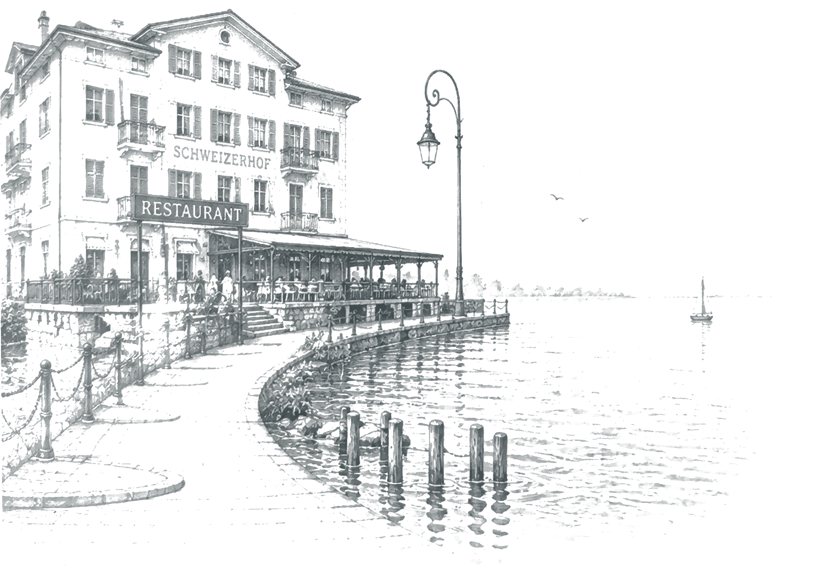 Zeichnung vom Umschlag der Speisekarte: Haus mit Restaurantterrasse an der Seepromenade, davor der Bodensee mit einem Segelboot